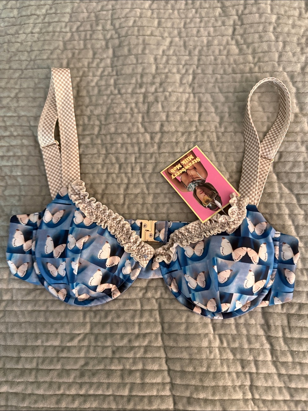 Strawberry Milk Mob Blue Butterfly Print Underwire Bikini Top with Cream Trim